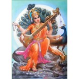 Goddess Saraswati with peacock background